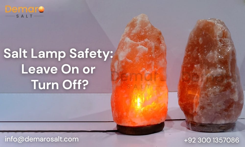 Himalayan salt lamp emitting warm glow, safety considerations for leaving it on.