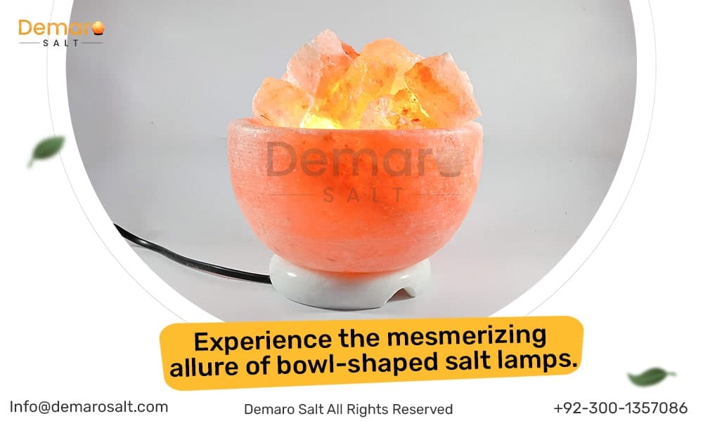 Bowl shaped salt lamps casting a warm glow