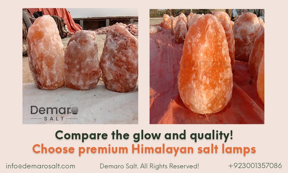 Himalayan salt lamp price comparison showing premium quality lamp on the left and lower-quality lamp on the right.