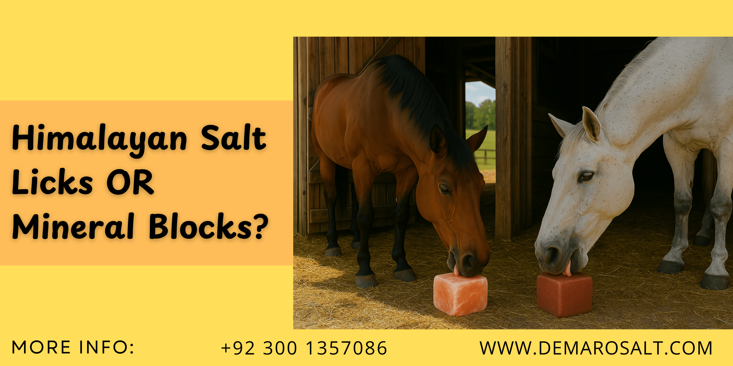Two horses comparing supplements—one licking a Himalayan salt lick, the other a mineral block.