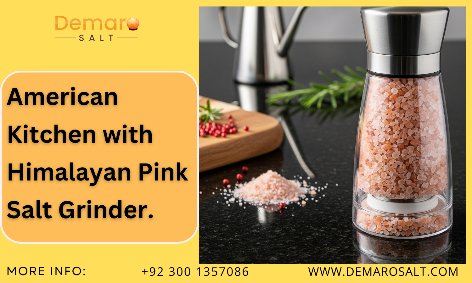 Himalayan Pink Salt Grinder in American Kitchen Himalayan pink salt grinder on a modern American kitchen counter