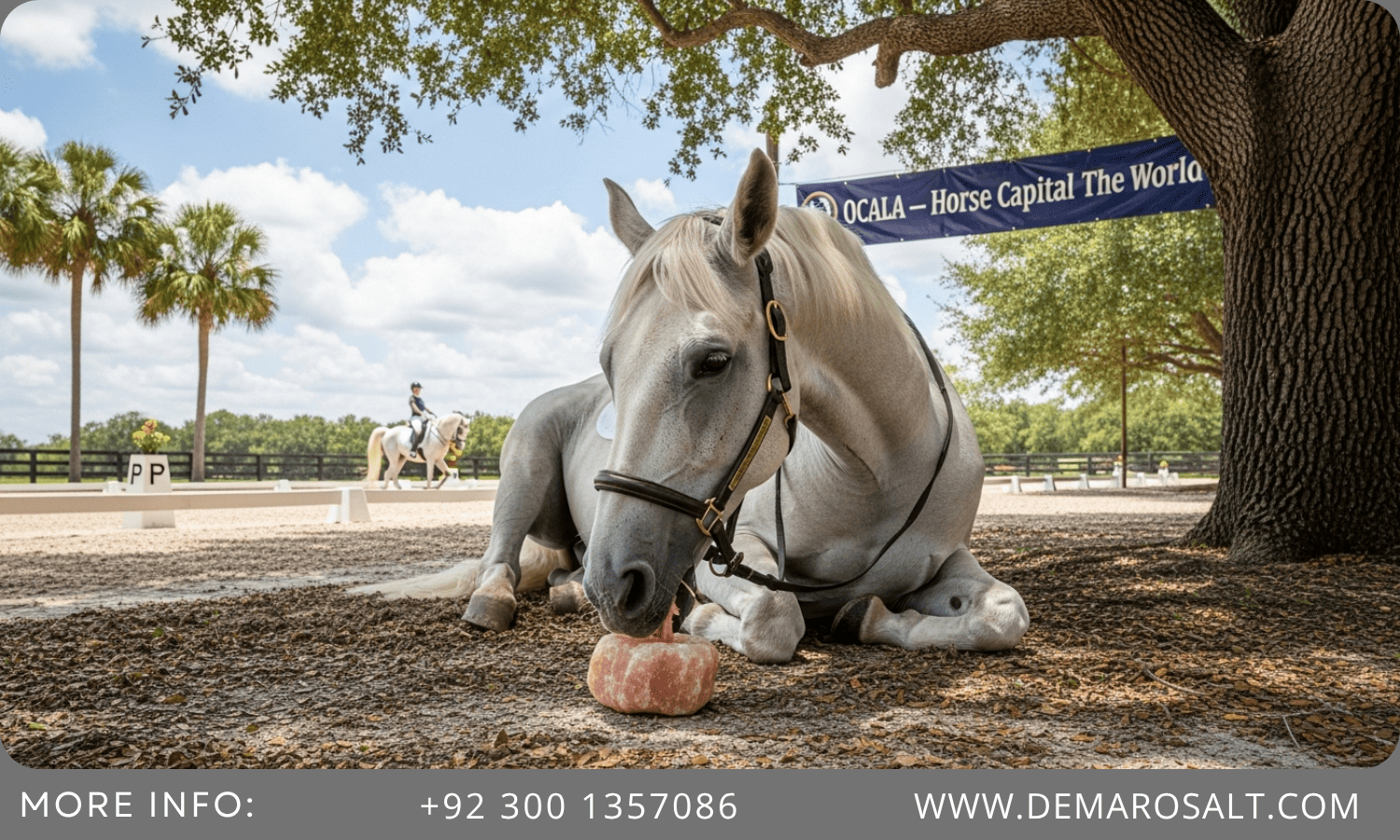 Himalayan Salt Lick for Horses at Florida Horse Park, Ocala White horse near a shaded oak tree licking a Himalayan salt lick at Florida Horse Park in Ocala.